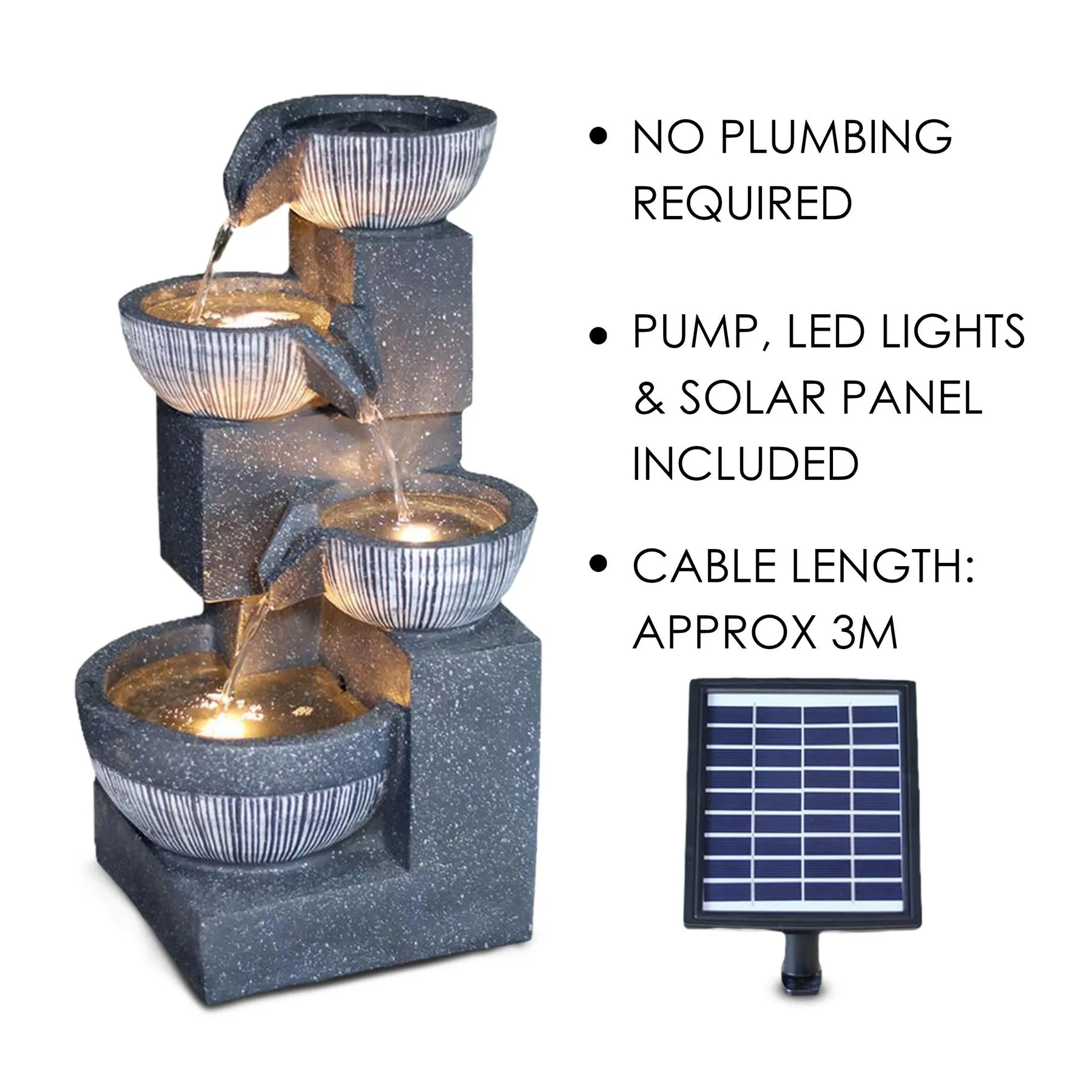4 Tier Bowl Solar Water Feature Outdoor With LED