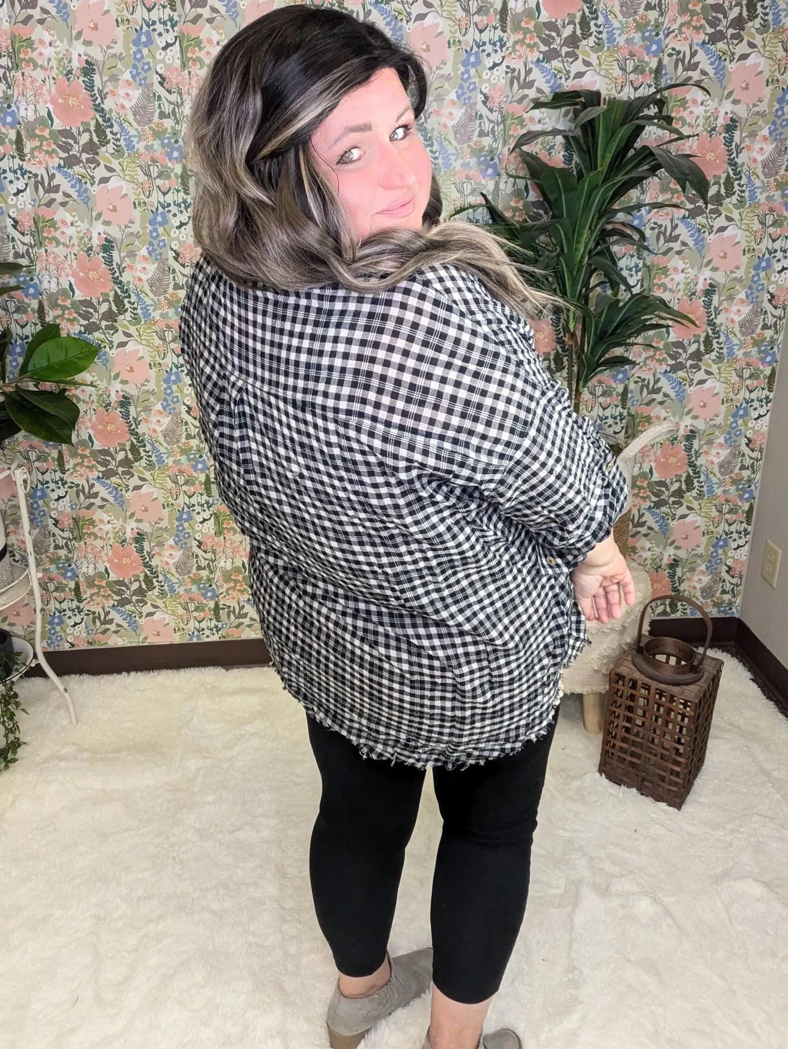 Adley Fringe Bottom Lightweight Buttondown in Taupe Gray   Black Gingham