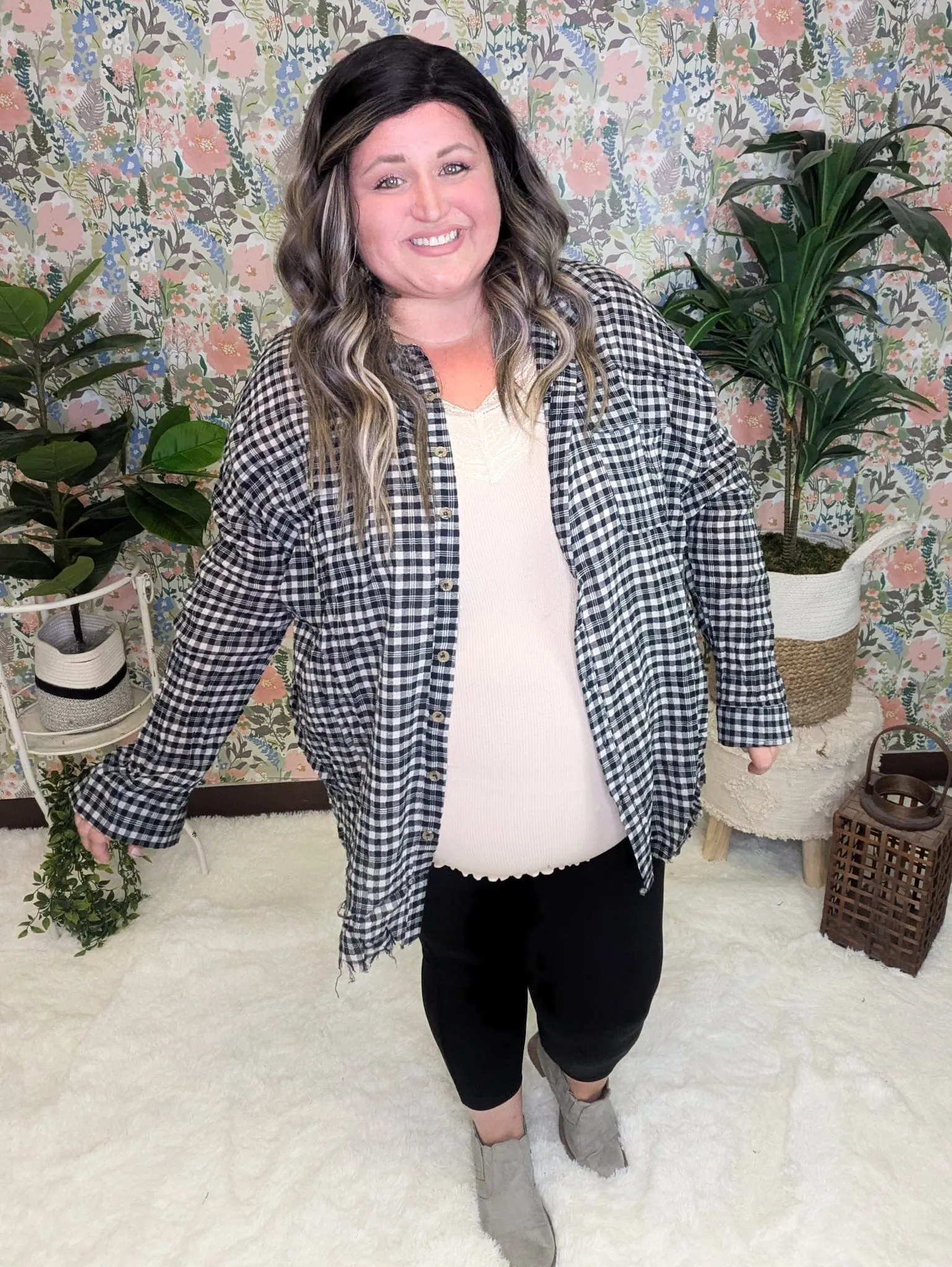 Adley Fringe Bottom Lightweight Buttondown in Taupe Gray   Black Gingham