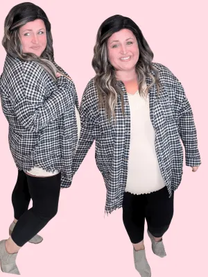 Adley Fringe Bottom Lightweight Buttondown in Taupe Gray   Black Gingham
