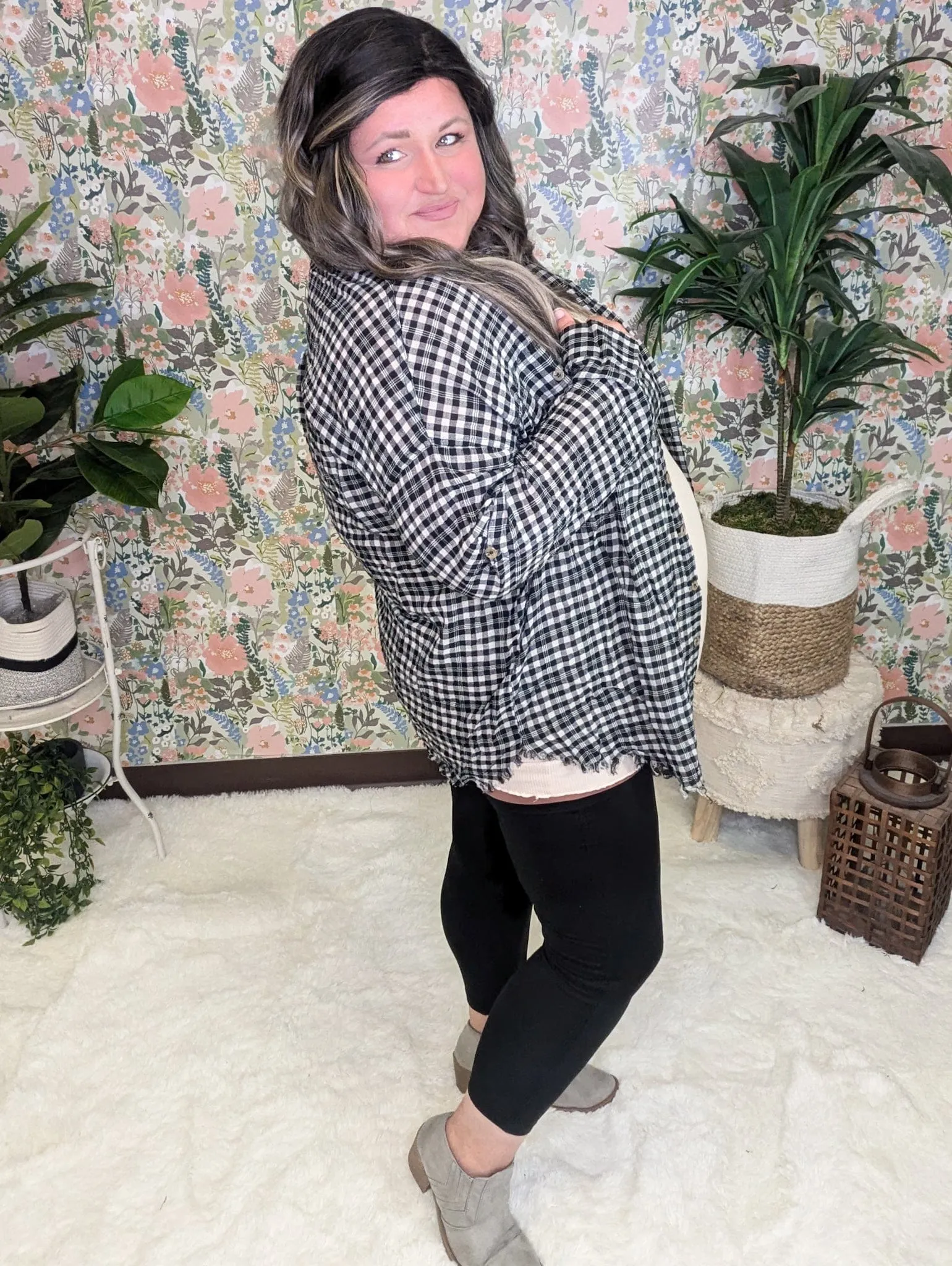 Adley Fringe Bottom Lightweight Buttondown in Taupe Gray   Black Gingham