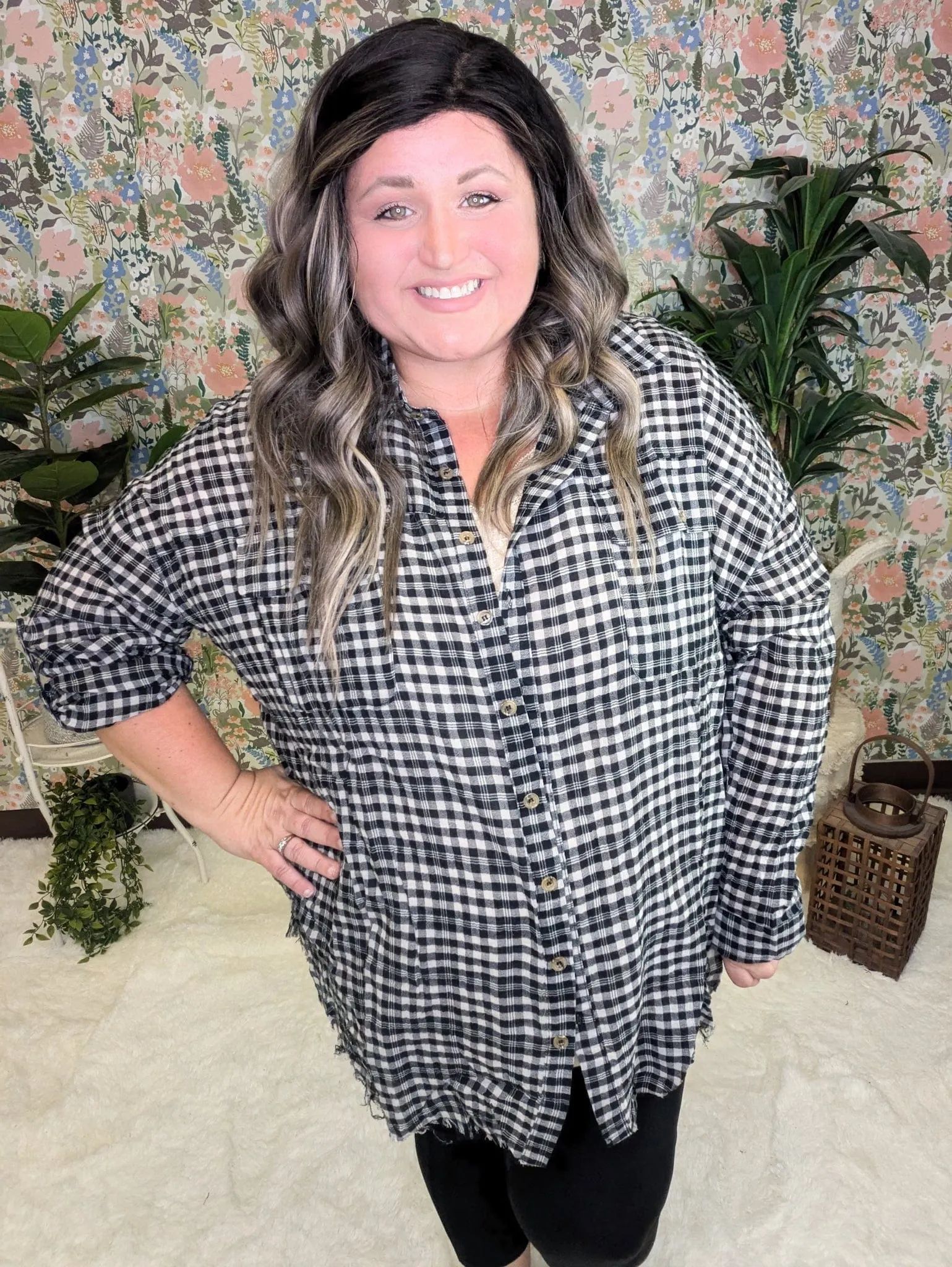 Adley Fringe Bottom Lightweight Buttondown in Taupe Gray   Black Gingham