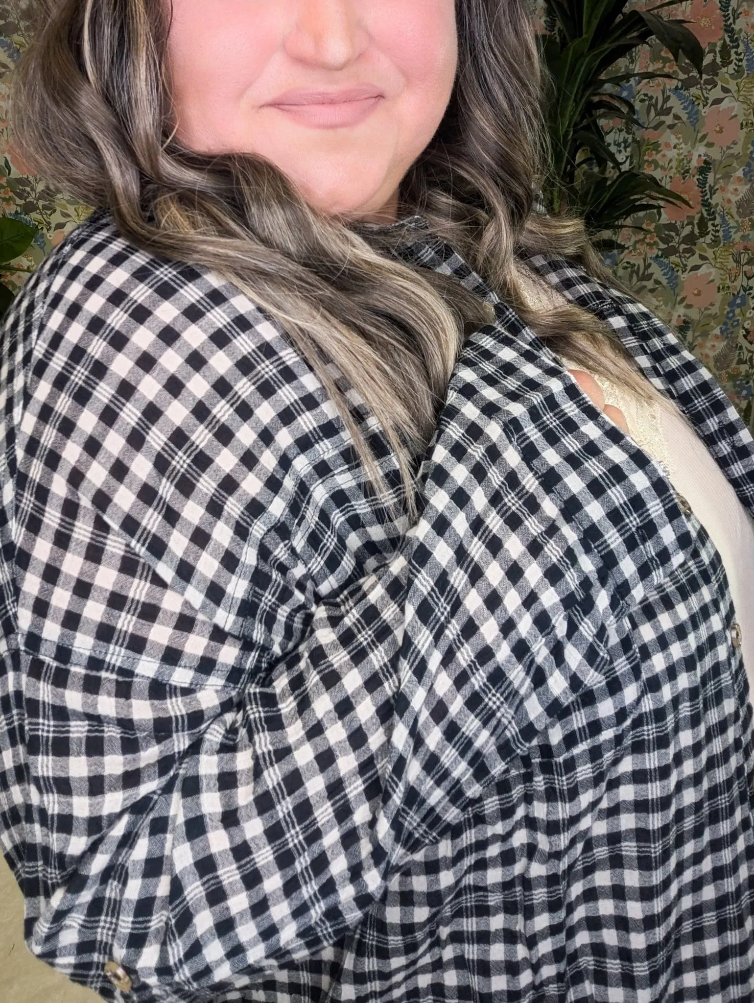 Adley Fringe Bottom Lightweight Buttondown in Taupe Gray   Black Gingham