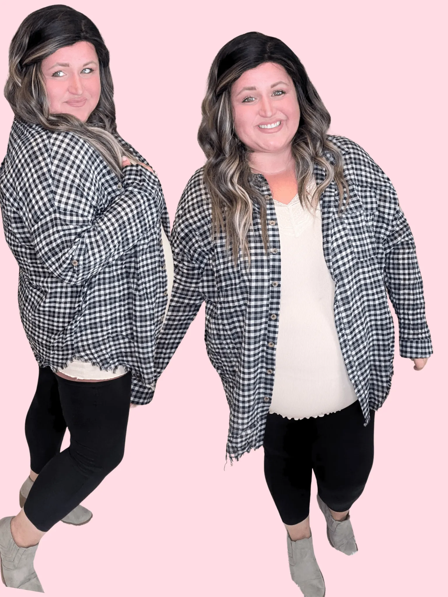 Adley Fringe Bottom Lightweight Buttondown in Taupe Gray   Black Gingham