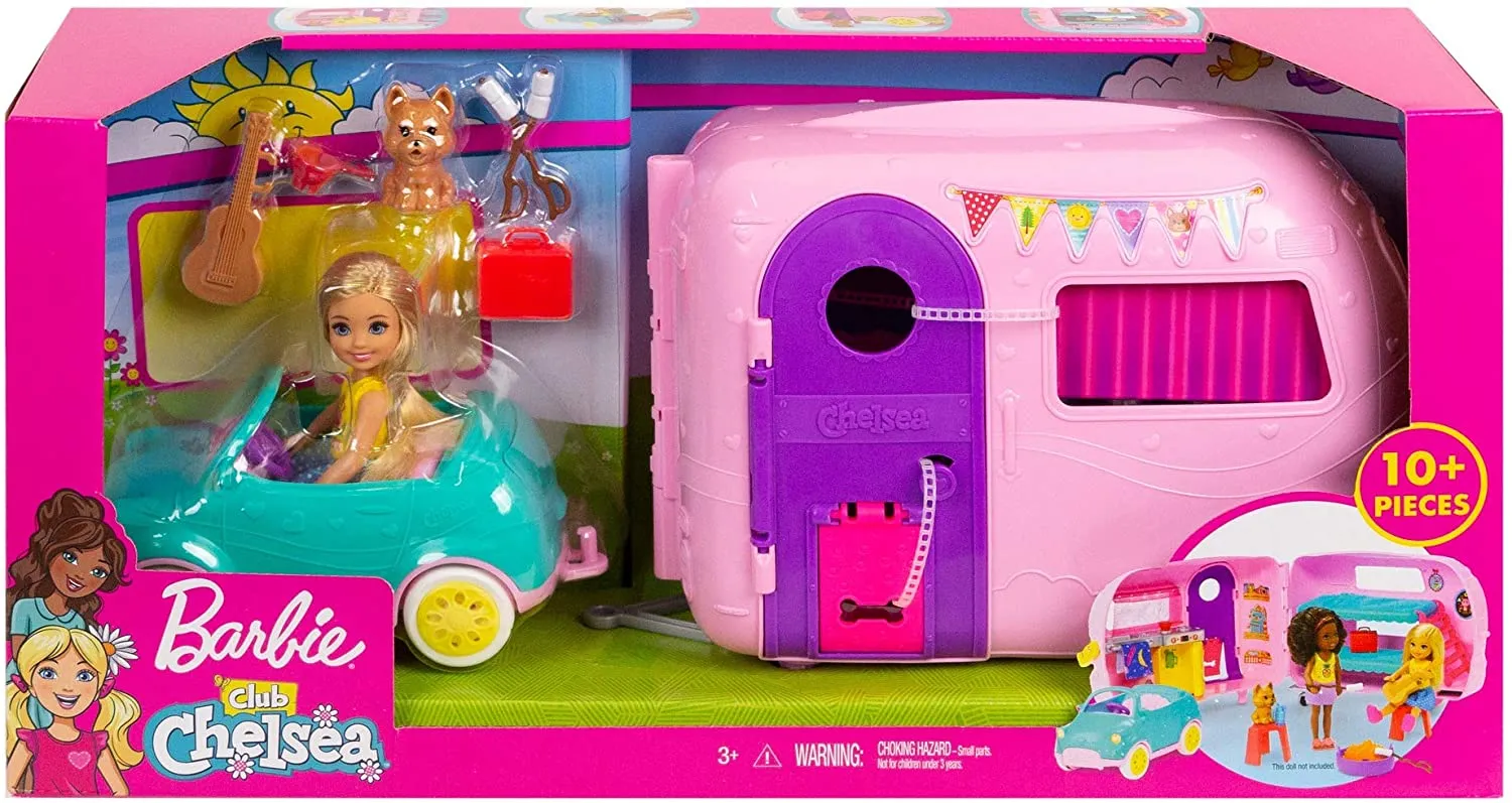 Barbie Club Chelsea Camper Playset with Chelsea Doll, Puppy, Car, Camper, Firepit, Guitar and 10 Accessories, Gift for 3 to 7 Year Olds! Retails $63 
