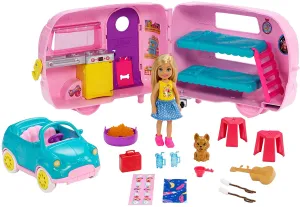 Barbie Club Chelsea Camper Playset with Chelsea Doll, Puppy, Car, Camper, Firepit, Guitar and 10 Accessories, Gift for 3 to 7 Year Olds! Retails $63 