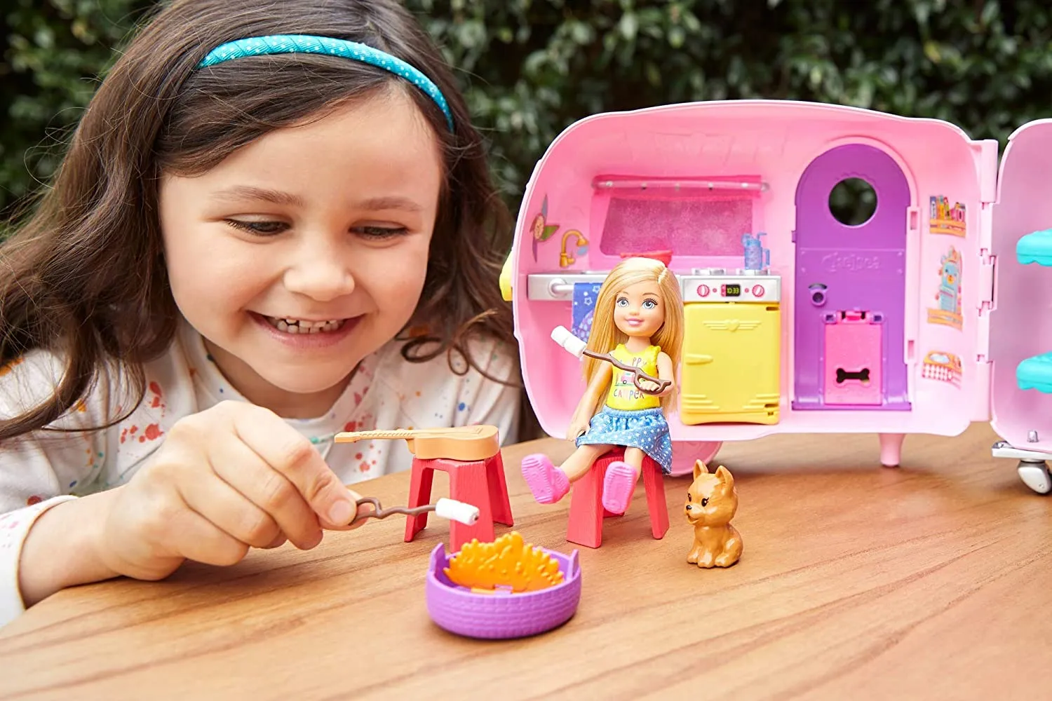 Barbie Club Chelsea Camper Playset with Chelsea Doll, Puppy, Car, Camper, Firepit, Guitar and 10 Accessories, Gift for 3 to 7 Year Olds! Retails $63 