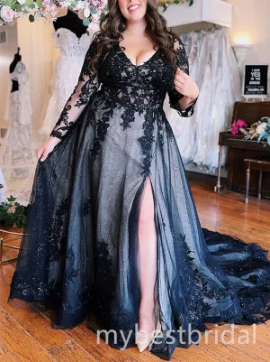 Black Long Sleeves Side Slit A-line Long Prom Dress,PDS11677