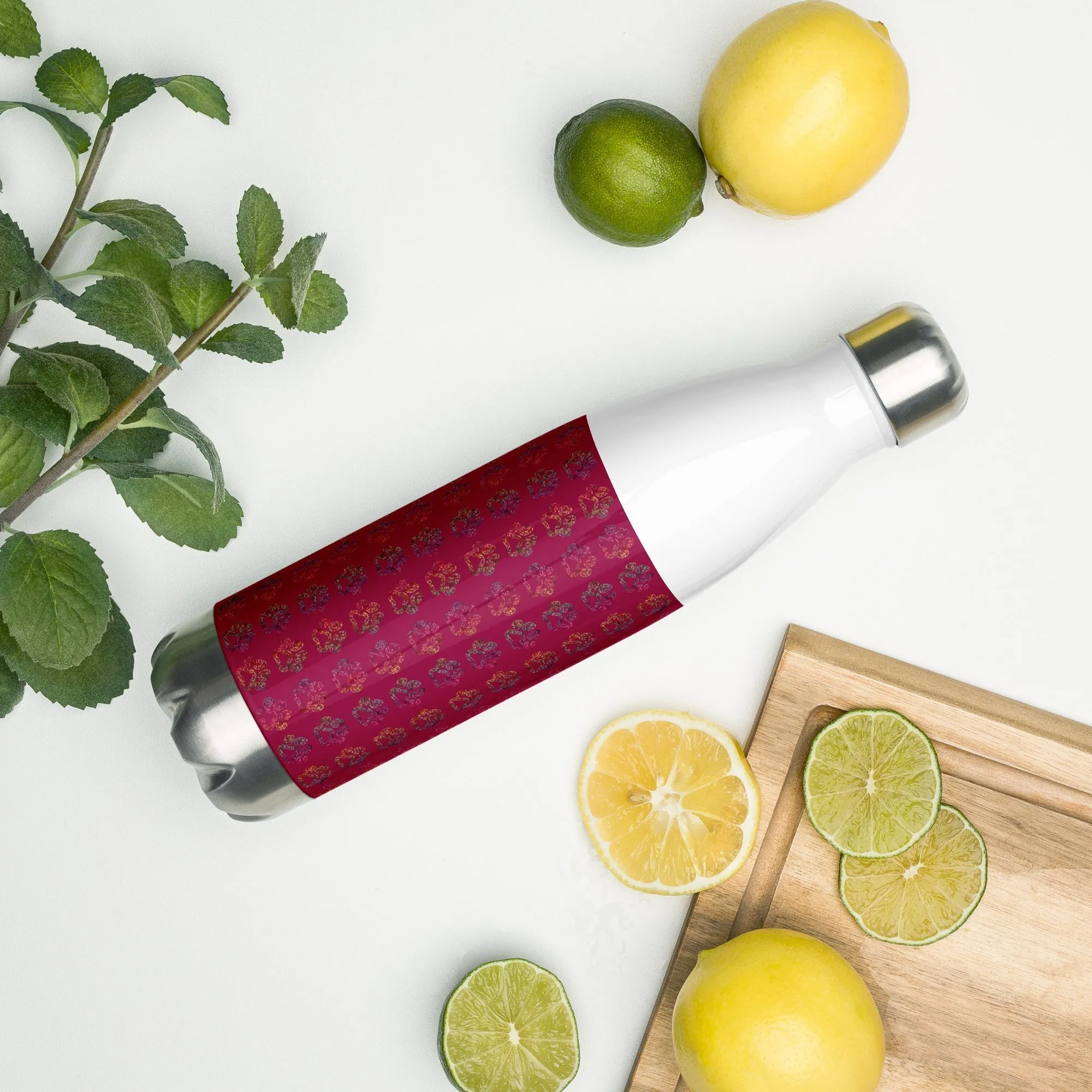 Burgundy Paw Prints Water Bottle