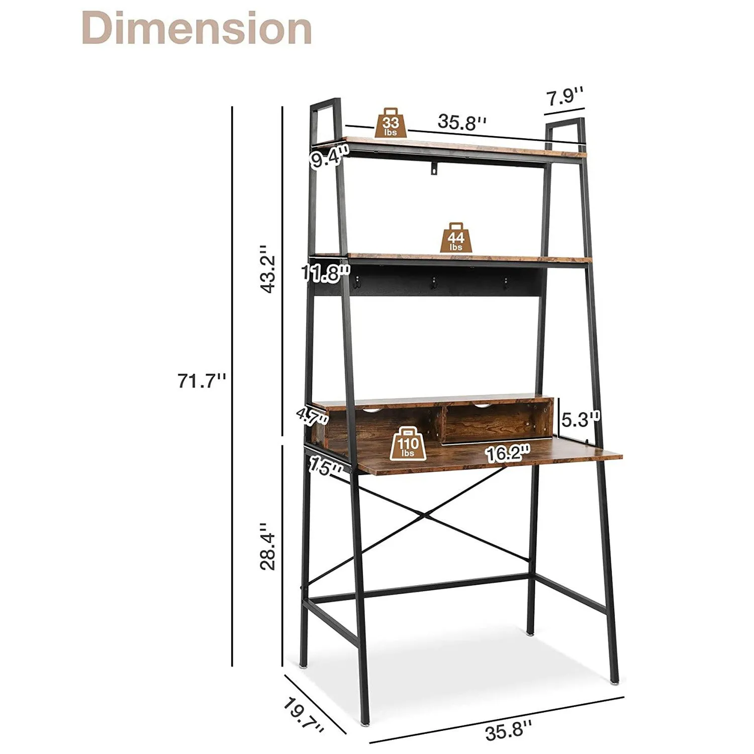 Computer Desk with Bookshelves 35.8" Office Desk Study Writing Gaming Table with Storage Shelf and 3 Hooks, Rustic Brown