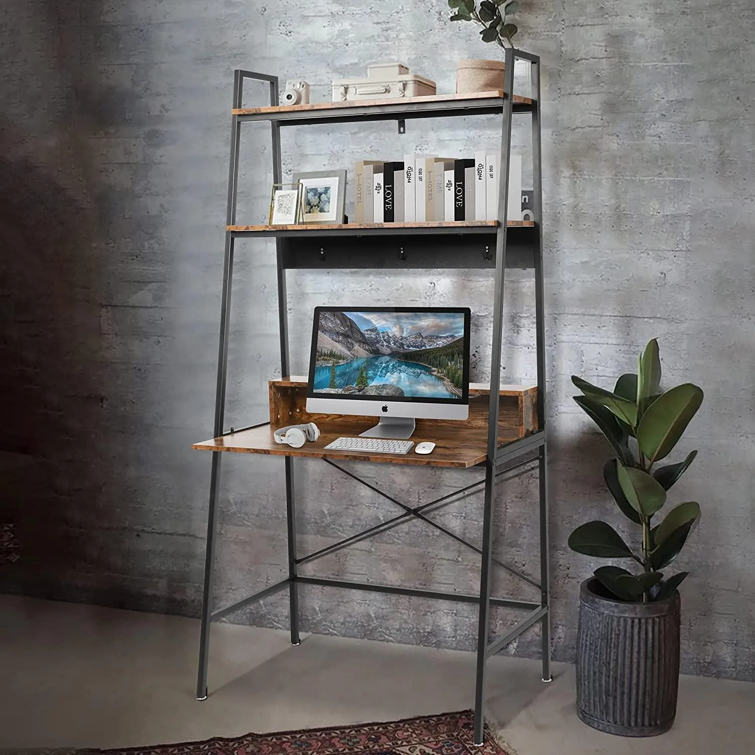 Computer Desk with Bookshelves 35.8" Office Desk Study Writing Gaming Table with Storage Shelf and 3 Hooks, Rustic Brown