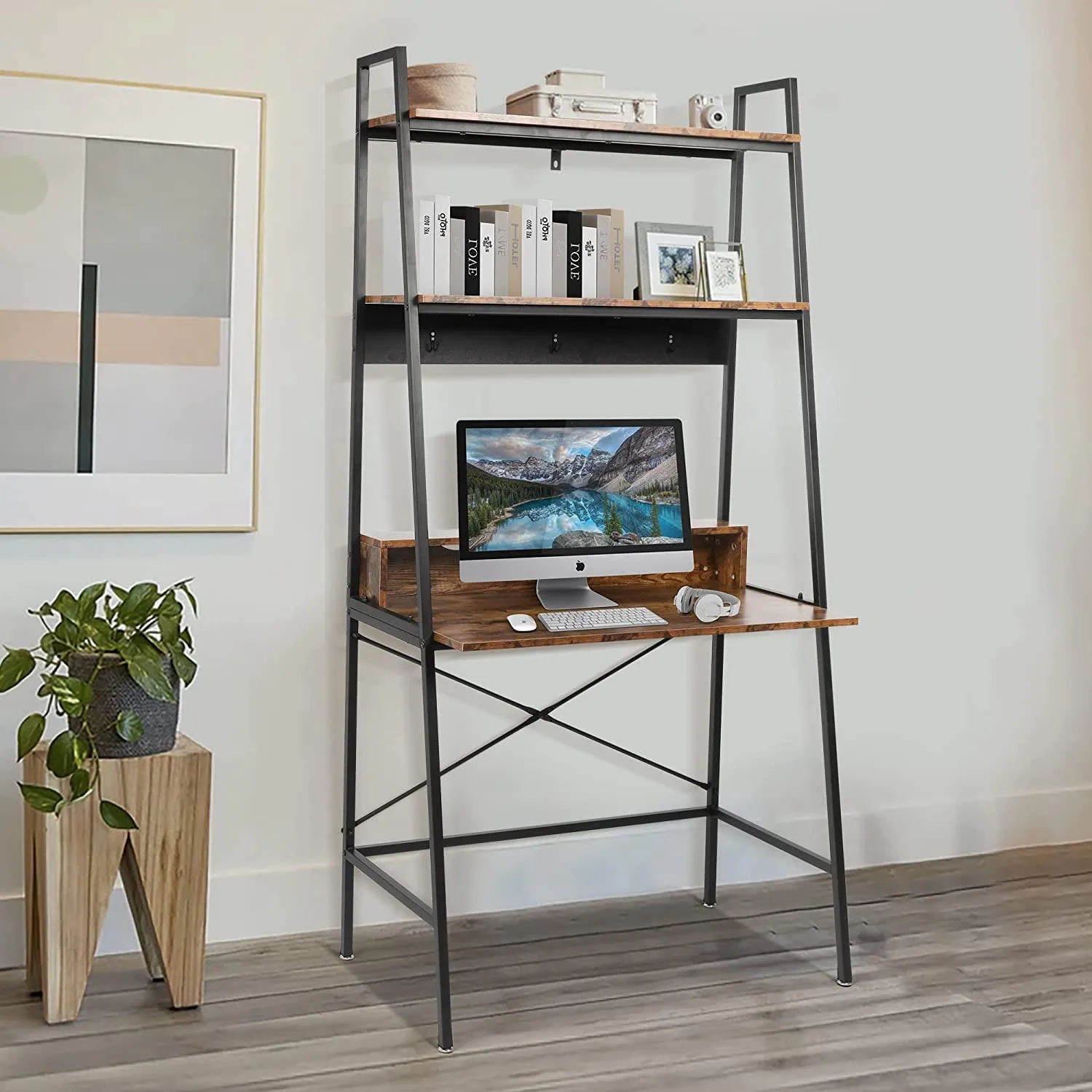 Computer Desk with Bookshelves 35.8" Office Desk Study Writing Gaming Table with Storage Shelf and 3 Hooks, Rustic Brown