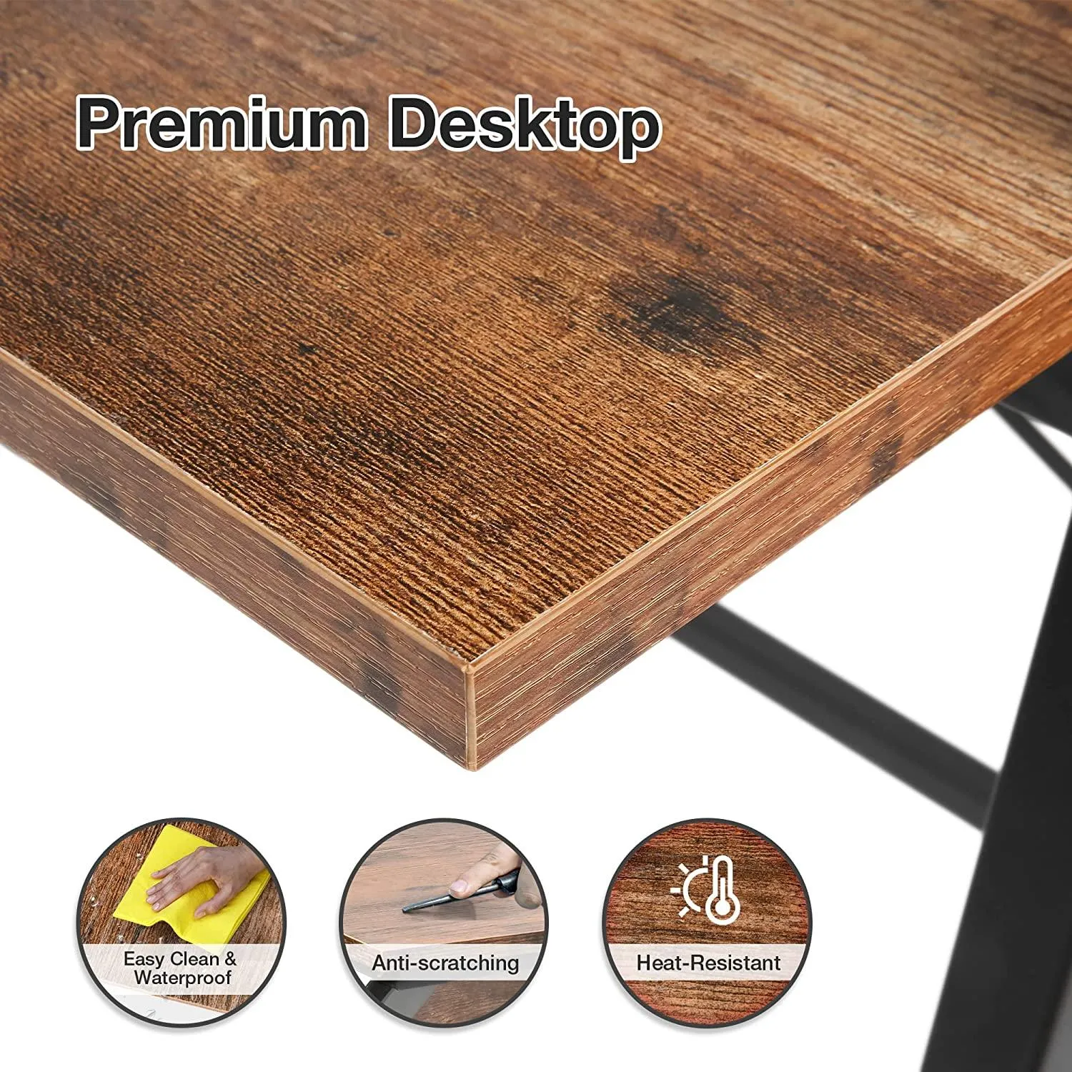 Computer Desk with Bookshelves 35.8" Office Desk Study Writing Gaming Table with Storage Shelf and 3 Hooks, Rustic Brown