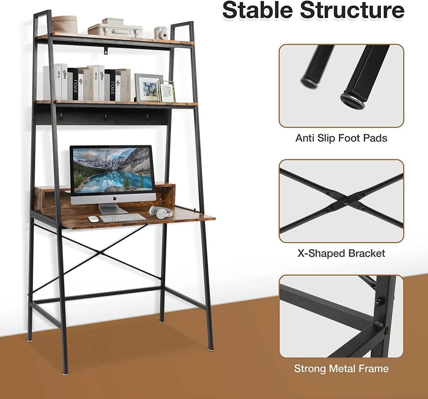 Computer Desk with Bookshelves 35.8" Office Desk Study Writing Gaming Table with Storage Shelf and 3 Hooks, Rustic Brown