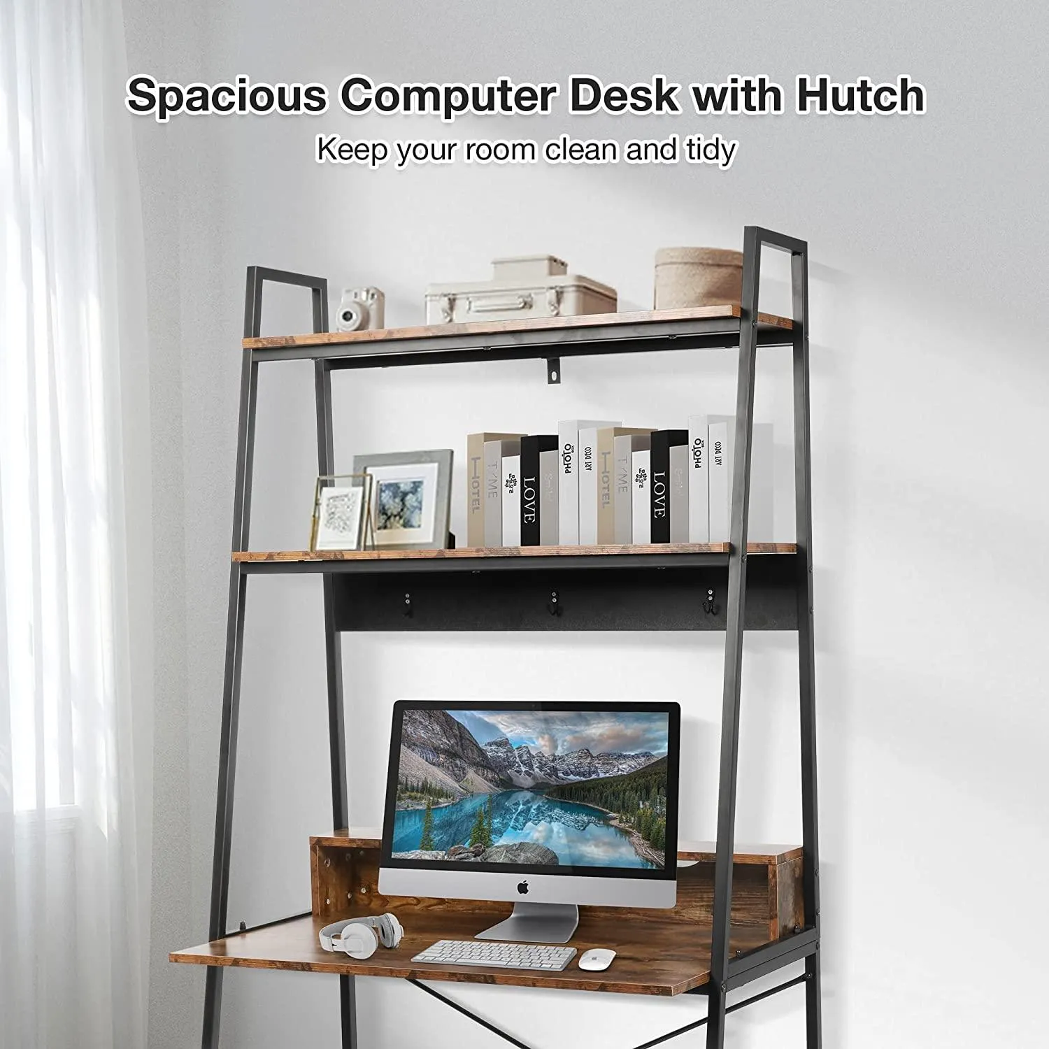 Computer Desk with Bookshelves 35.8" Office Desk Study Writing Gaming Table with Storage Shelf and 3 Hooks, Rustic Brown