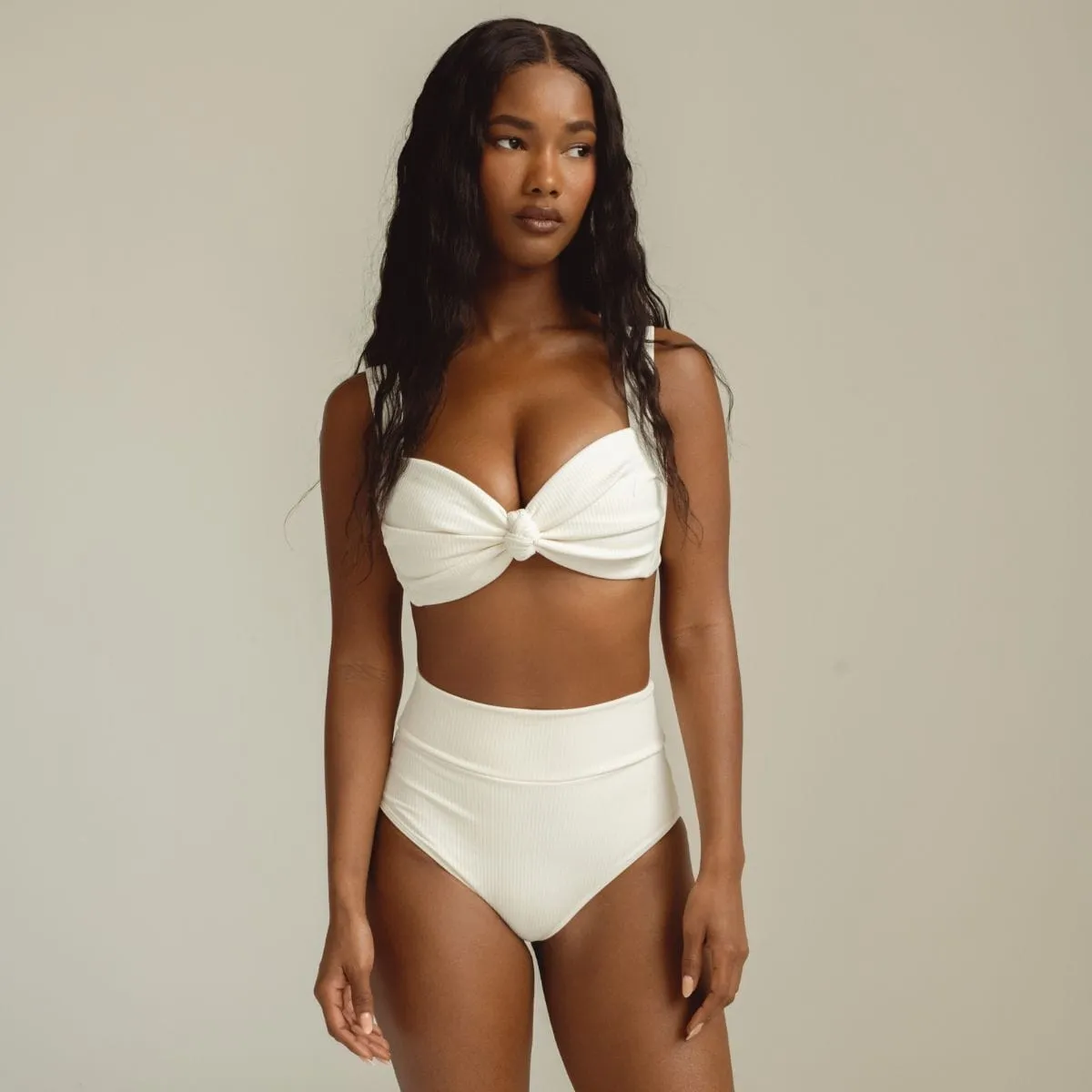 Cream Rib Added Coverage High Rise Bikini Bottom
