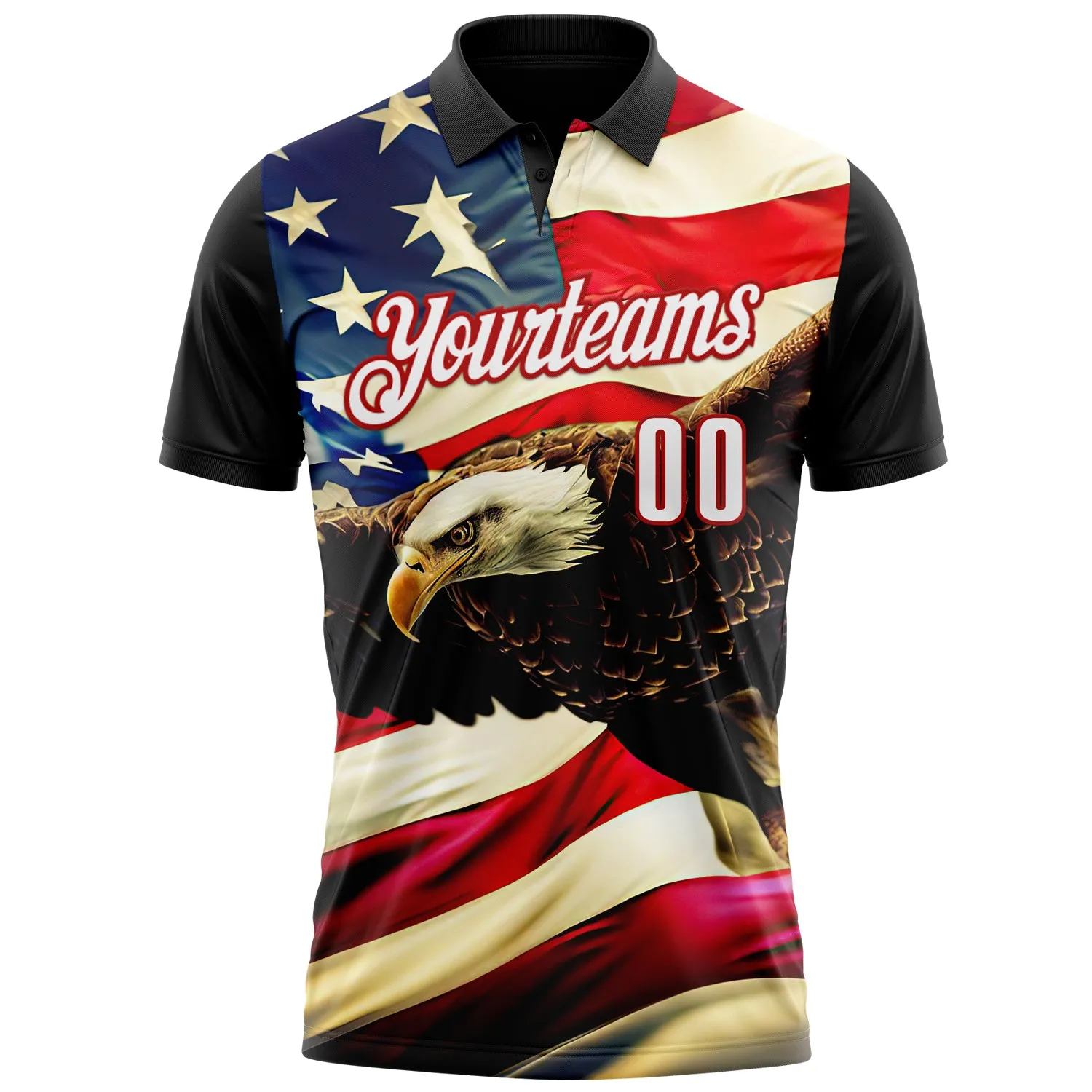 Custom Black White Red 3D Bowling American Flag Eagle Performance Polo Shirt