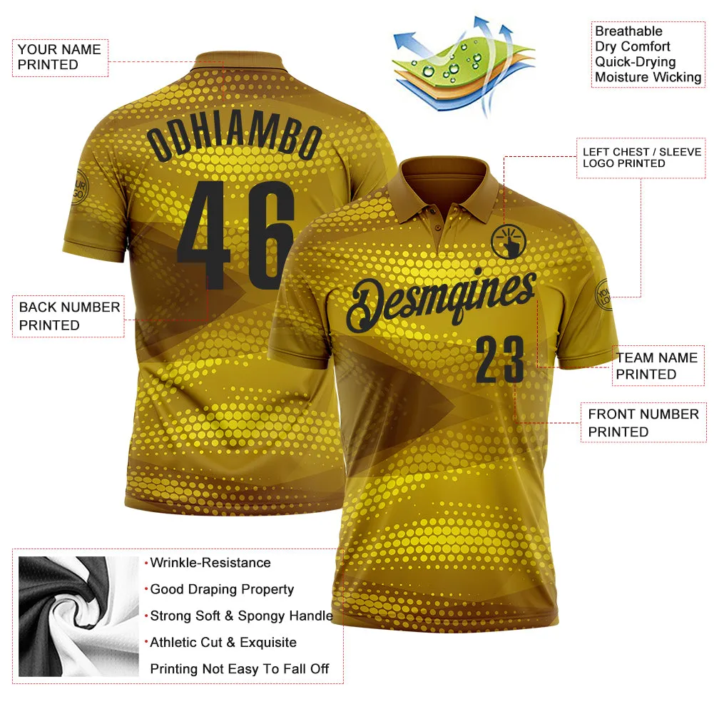 Custom Old Gold Black 3D Bowling Abstract Halftone Performance Polo Shirt