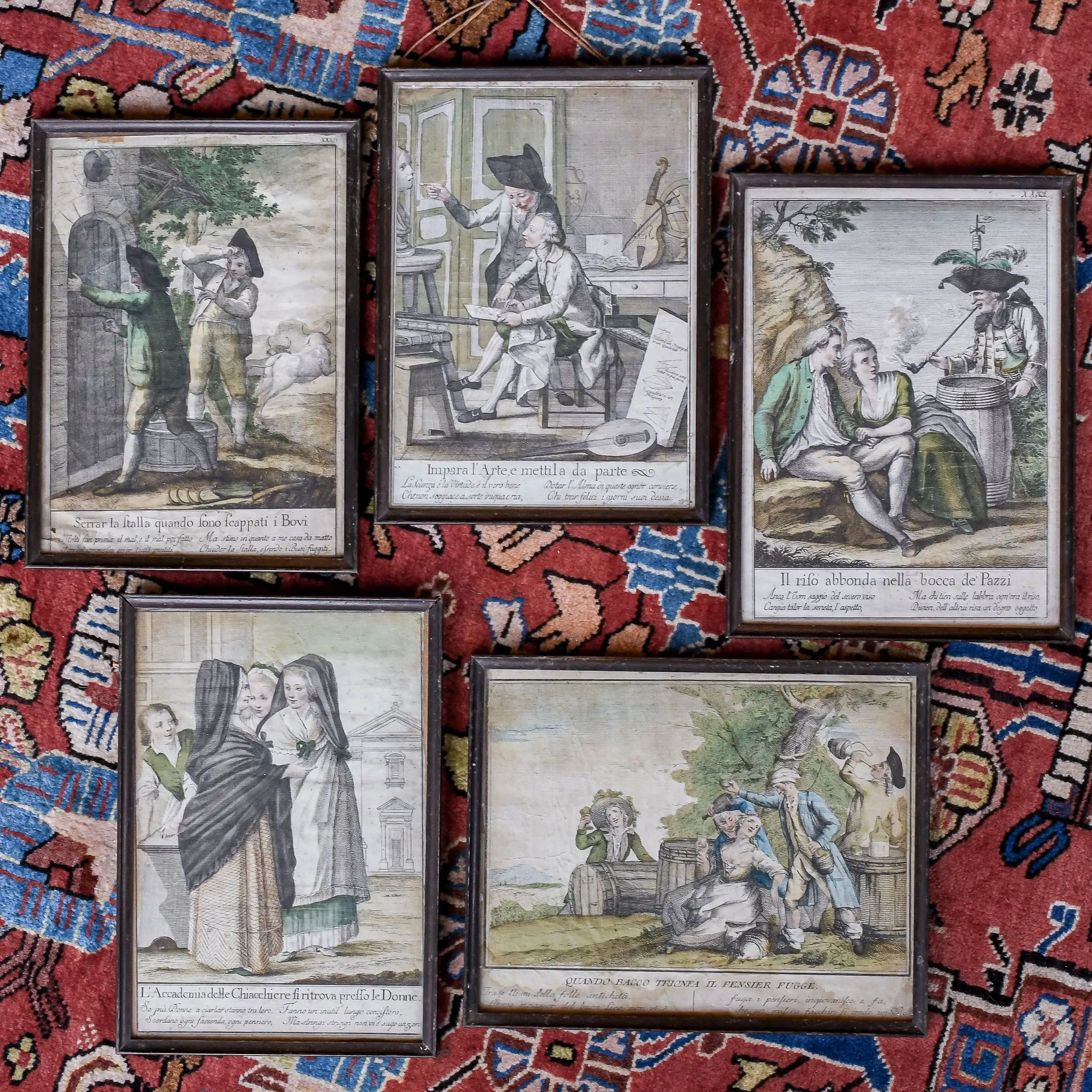 Five 18th Century Italian Proverb Mezzotint Prints