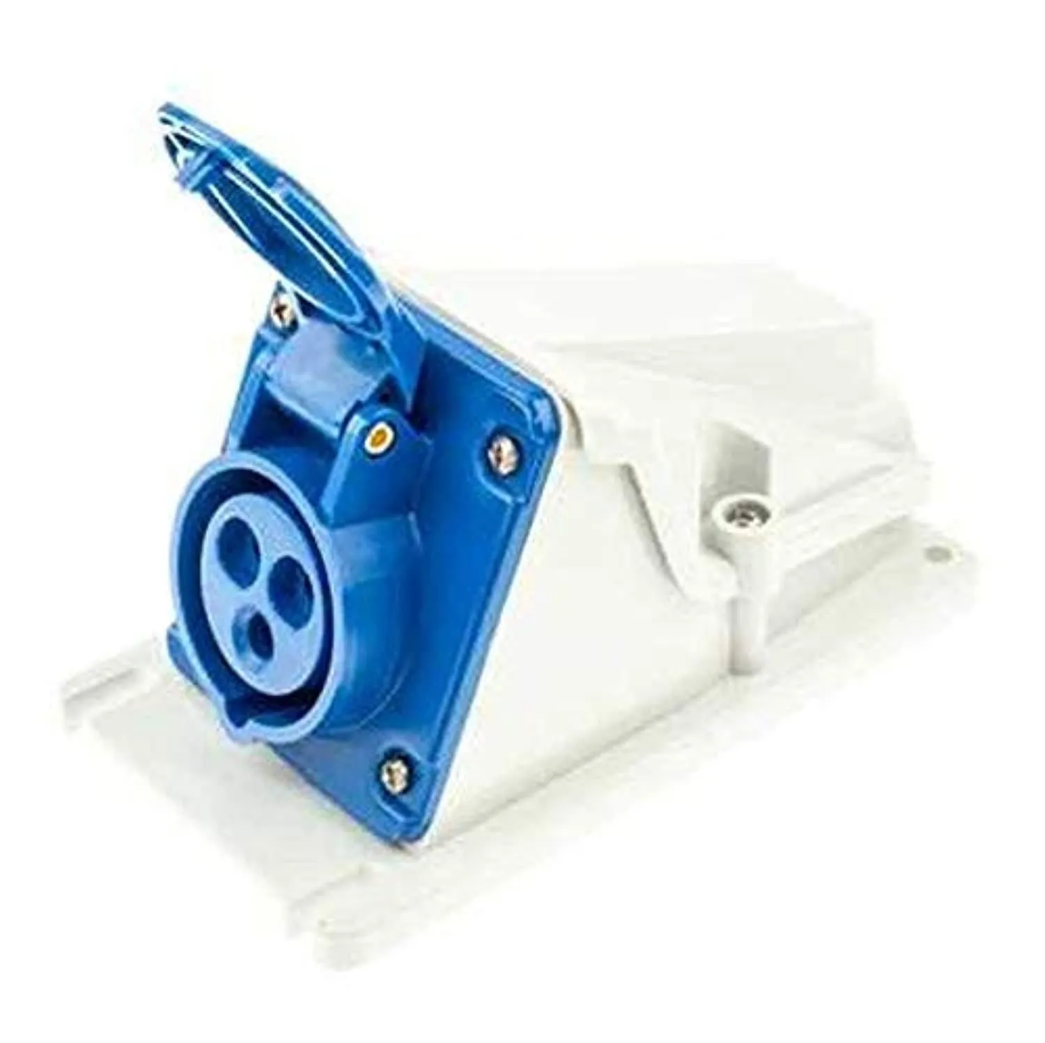 Gewiss GW62477 Low Voltage Screw Wiring 90 Degree Angled Surface-Mounting Socket-Outlet, IP44, 6 Reference, 2P E Pole, 200V-250V, 16 A, 50 Hz/60 Hz, Blue