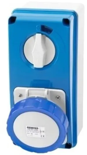 Gewiss GW66215N Interlocked Vertical Socket-Outlet with Bottom and Rotary Switch, without Fuse-Holder Base, IP67, 6 Reference, 2P E Pole, 200V-250V, 32 A, 50 Hz/60 Hz, Blue