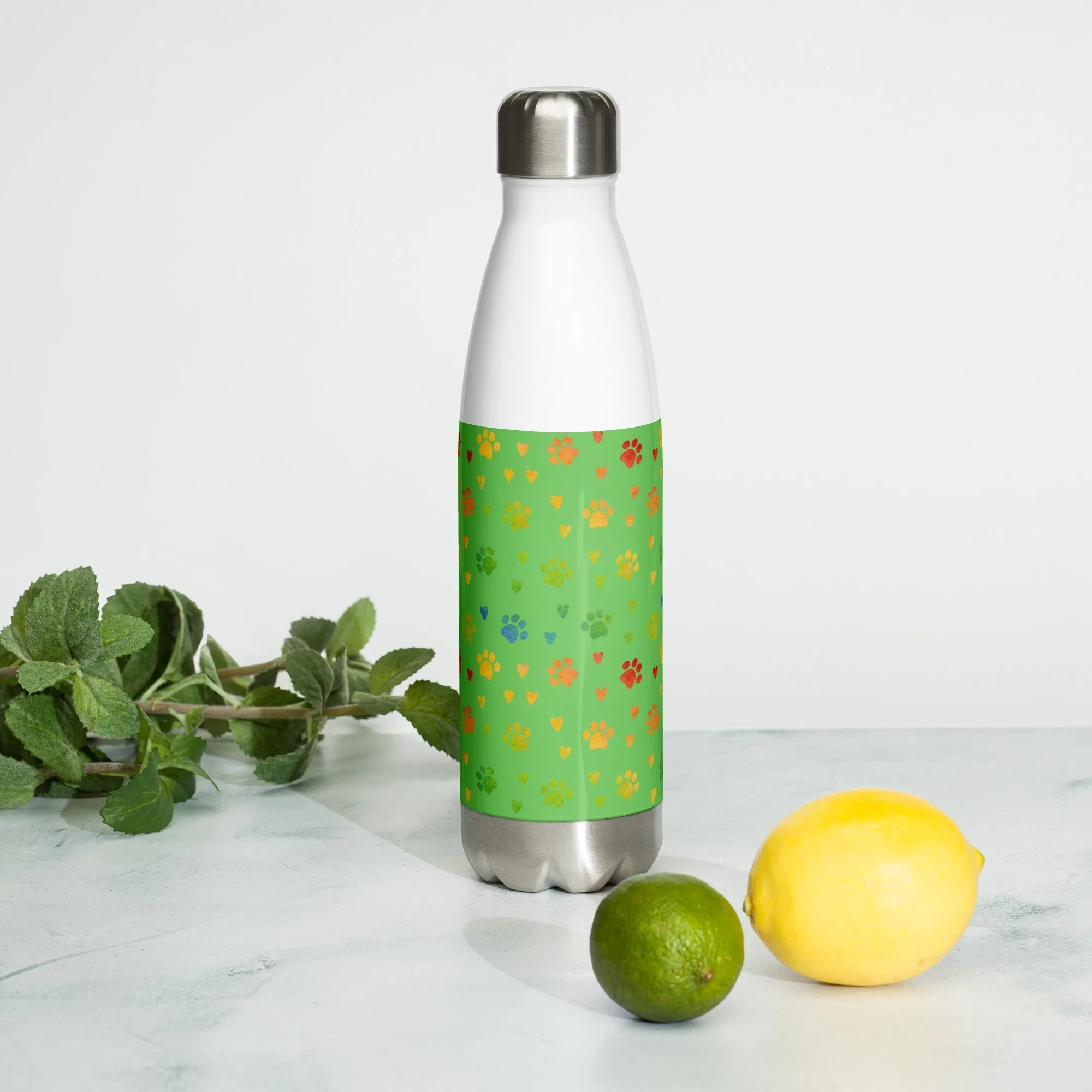 Green Paw Prints Water Bottle