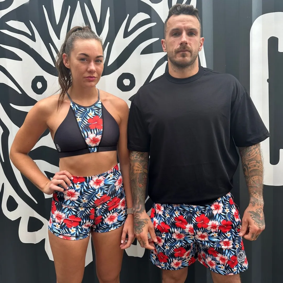 Halo x Tribal Clash High Rise Roll Down Booty Shorts in Red Hibiscus
