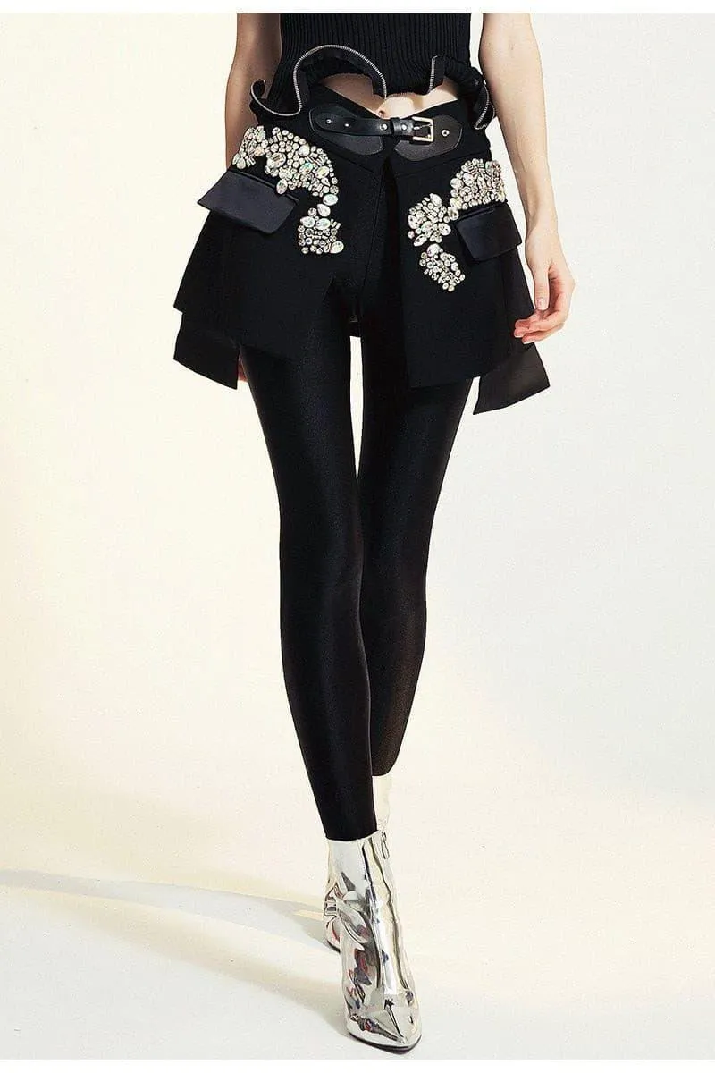 High street stitching pu buckle loop waist skirt