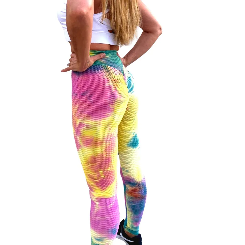 High Waist Tie Dye Butt Lifting Textured Workout Leggings (Rainbow)