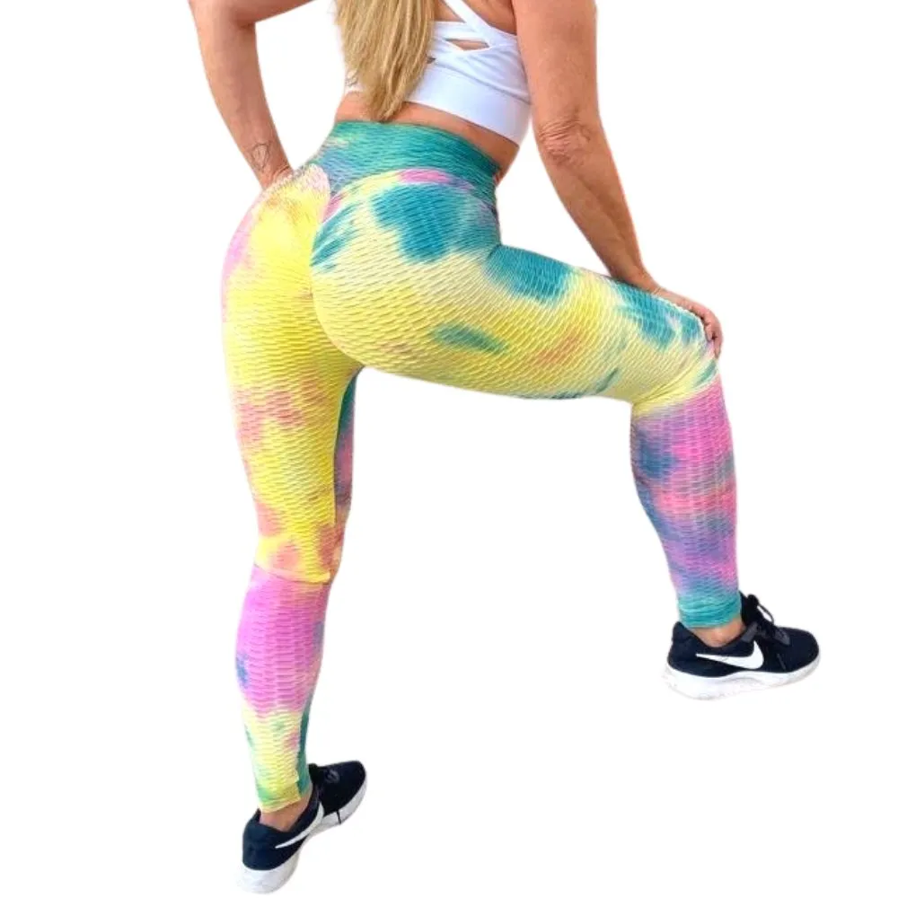 High Waist Tie Dye Butt Lifting Textured Workout Leggings (Rainbow)