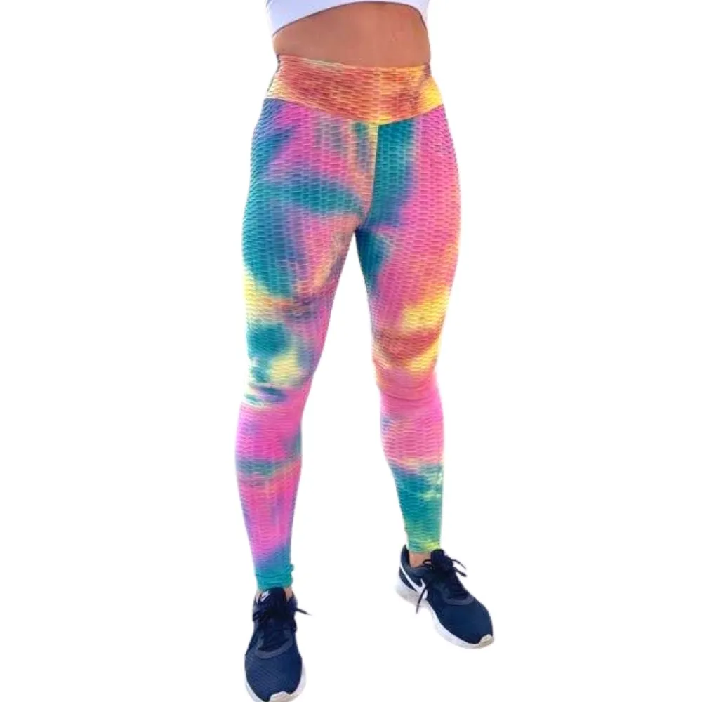 High Waist Tie Dye Butt Lifting Textured Workout Leggings (Rainbow)