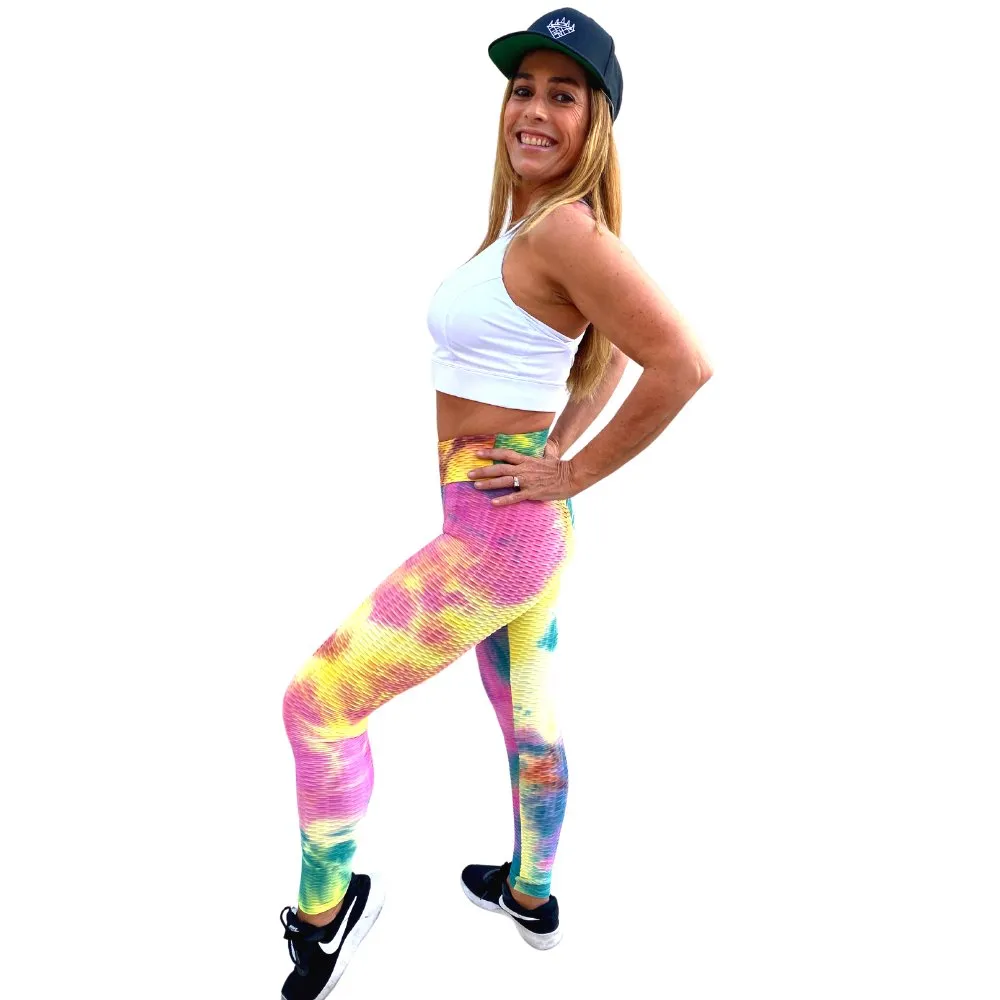 High Waist Tie Dye Butt Lifting Textured Workout Leggings (Rainbow)