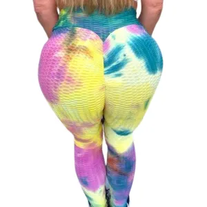 High Waist Tie Dye Butt Lifting Textured Workout Leggings (Rainbow)