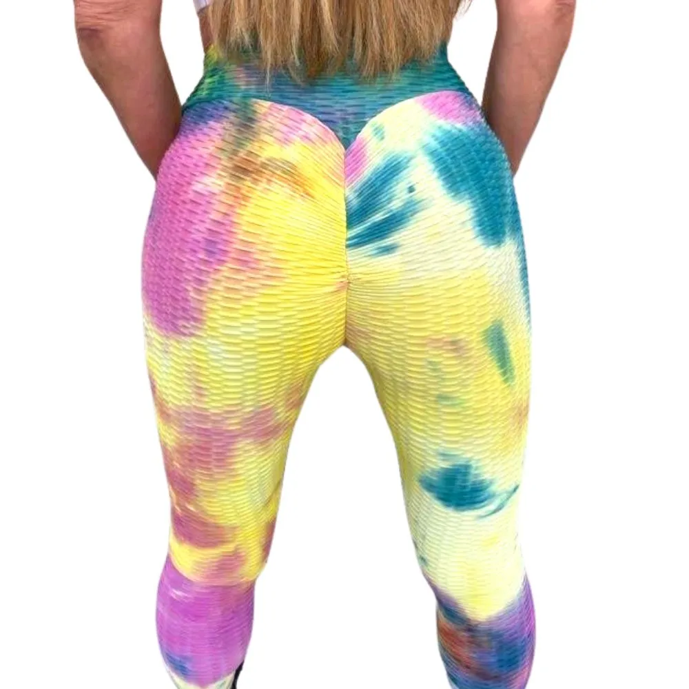 High Waist Tie Dye Butt Lifting Textured Workout Leggings (Rainbow)