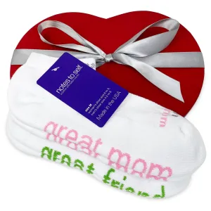I am a great mom™   I am a great friend® socks in red heart box
