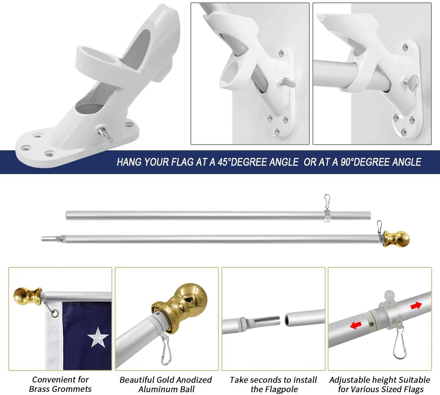 Jetlifee American Flag with 2-Position Bracket and Silver Pole Set|american flag with mounting bracket|flag pole for high winds