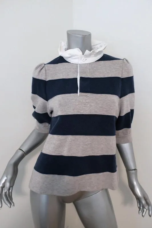 Marc Jacobs Puff Sleeve Rugby Sweater Gray/Navy Size Medium Ruffle Collar Top