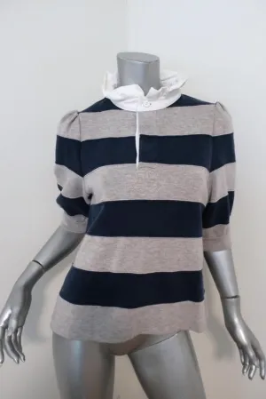 Marc Jacobs Puff Sleeve Rugby Sweater Gray/Navy Size Medium Ruffle Collar Top