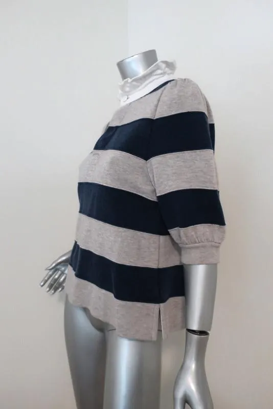 Marc Jacobs Puff Sleeve Rugby Sweater Gray/Navy Size Medium Ruffle Collar Top