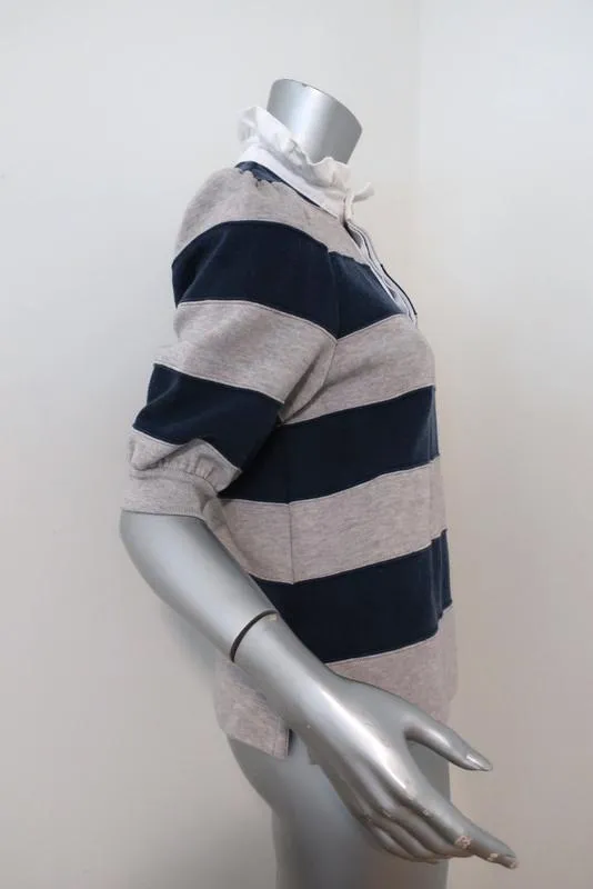 Marc Jacobs Puff Sleeve Rugby Sweater Gray/Navy Size Medium Ruffle Collar Top