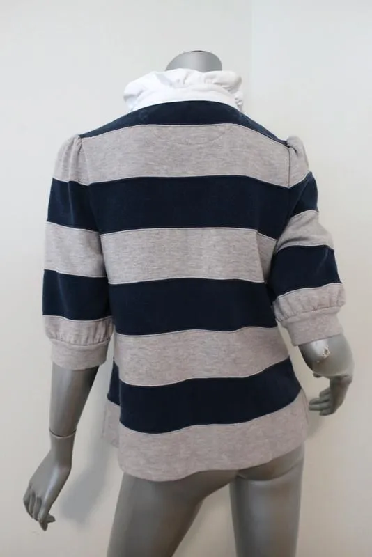 Marc Jacobs Puff Sleeve Rugby Sweater Gray/Navy Size Medium Ruffle Collar Top