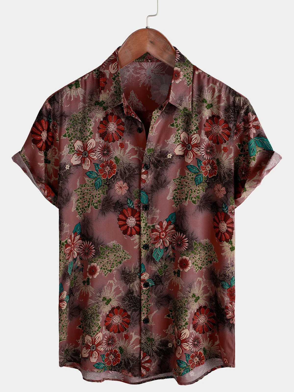 Men's Casual Vintage Floral Beach Rayon Short Sleeve Button Up Shirt