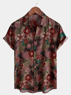 Men's Casual Vintage Floral Beach Rayon Short Sleeve Button Up Shirt