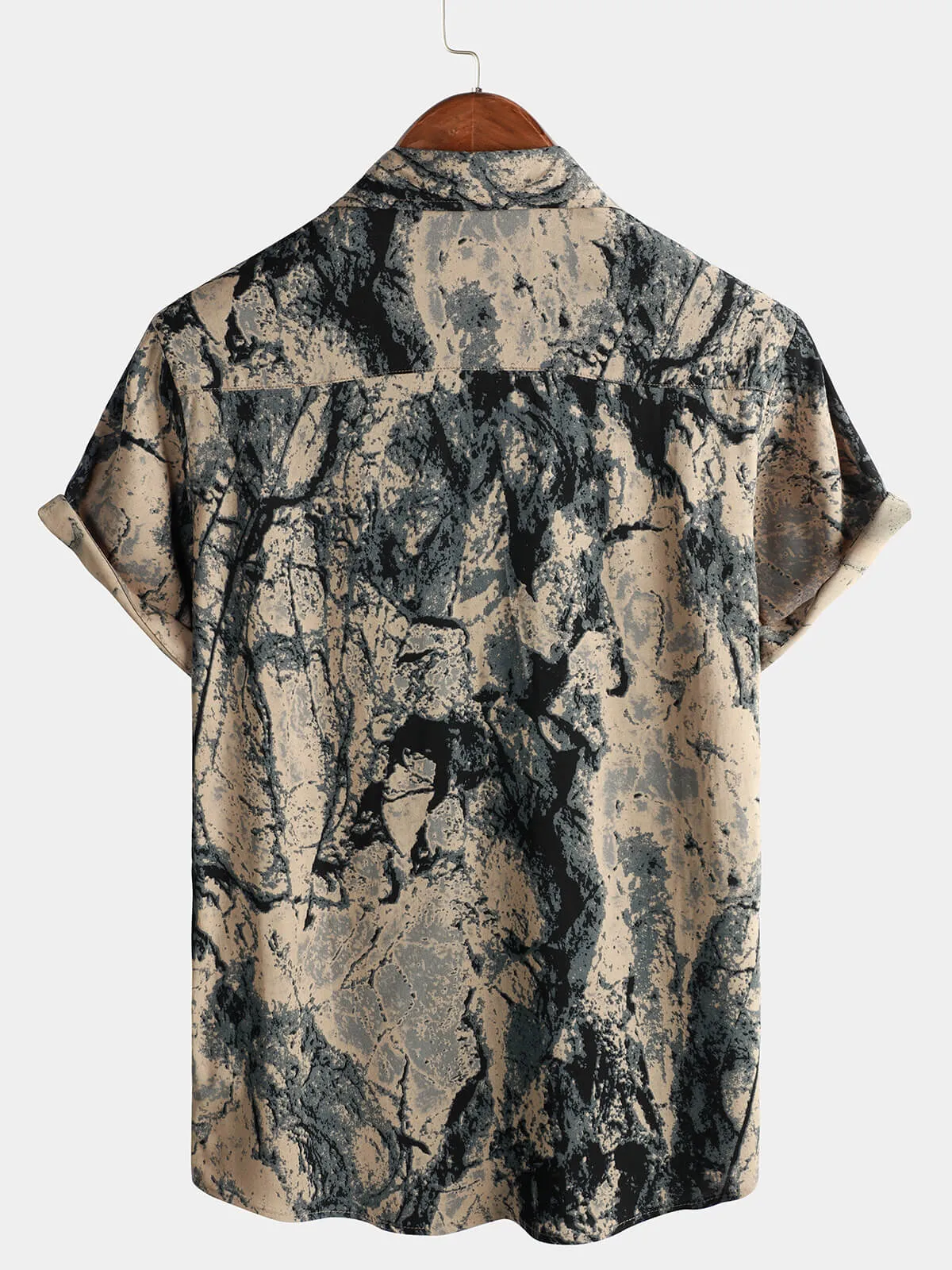 Men's Khaki Retro Art Print Casual Short Sleeve Button Up Shirt