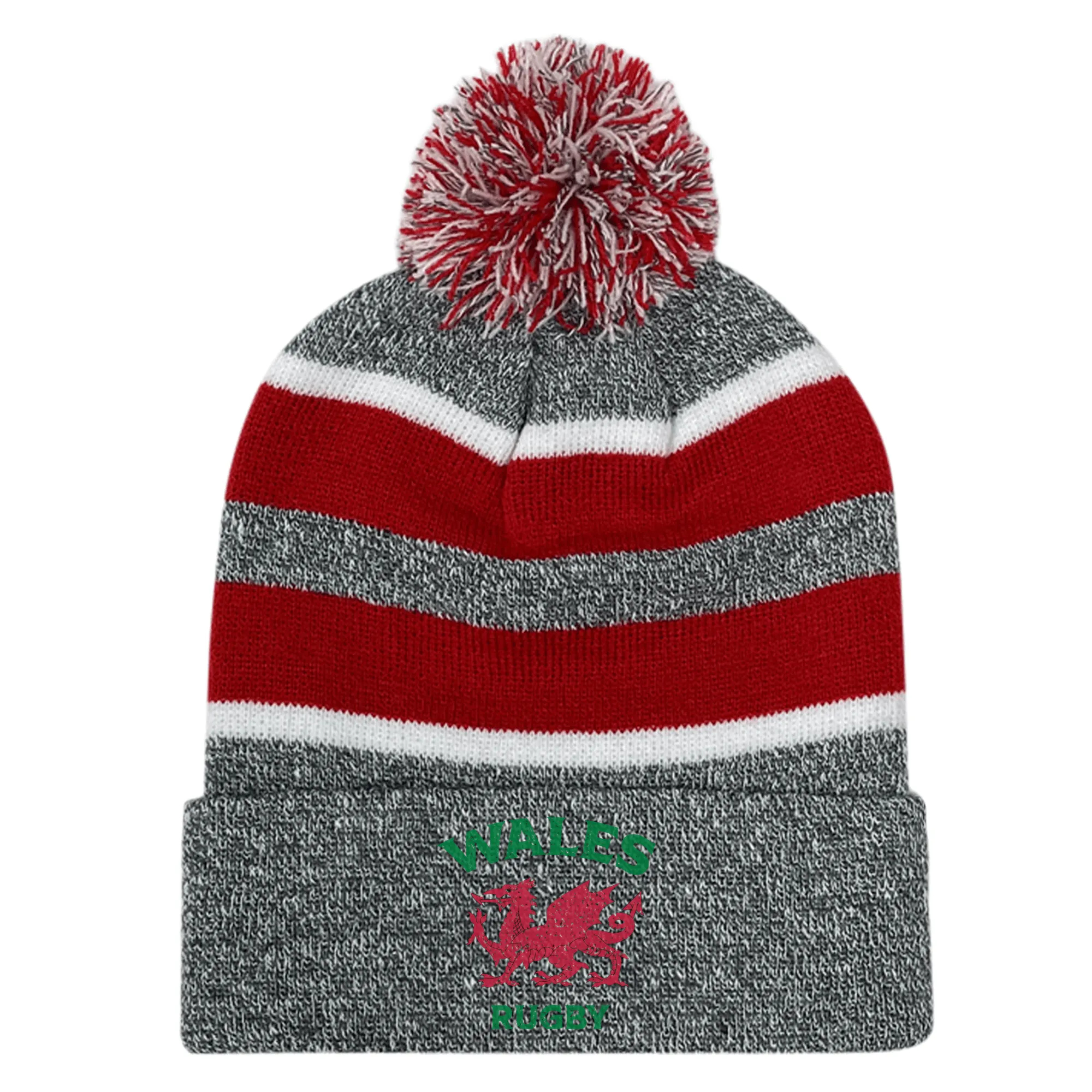 Nations of Rugby Wales Hooped Knit Fold Over Pom-Pom Beanie