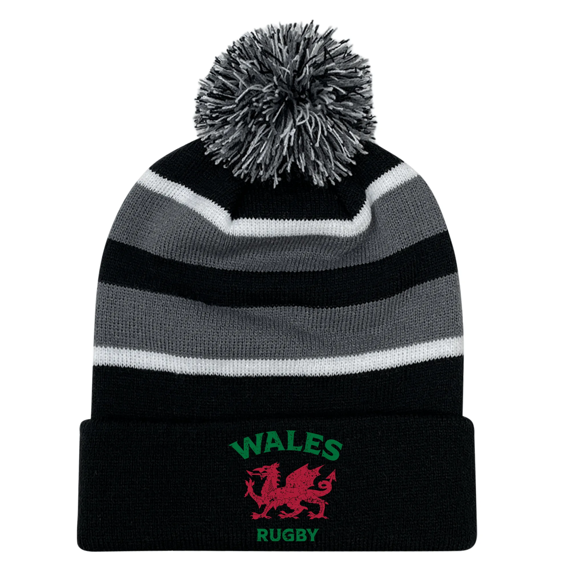 Nations of Rugby Wales Hooped Knit Fold Over Pom-Pom Beanie