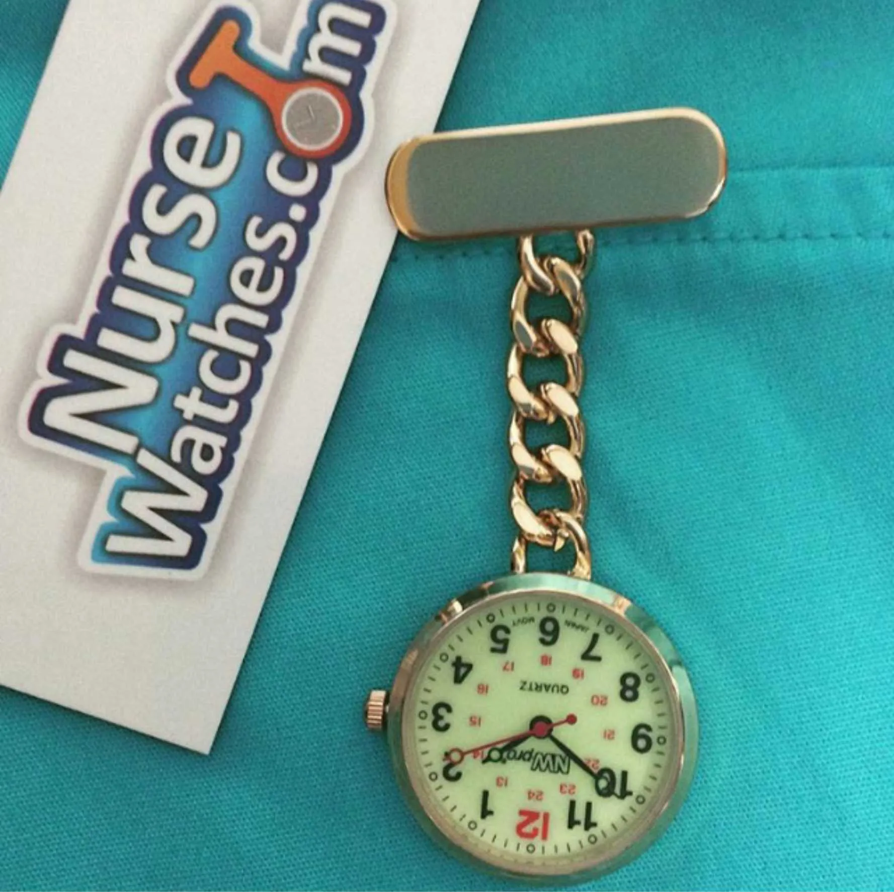 NW-Pro Lapel Nurse Watch - Large Glow-in-the-Dark  Dial - Water Resistant - Chained - Gold Tone