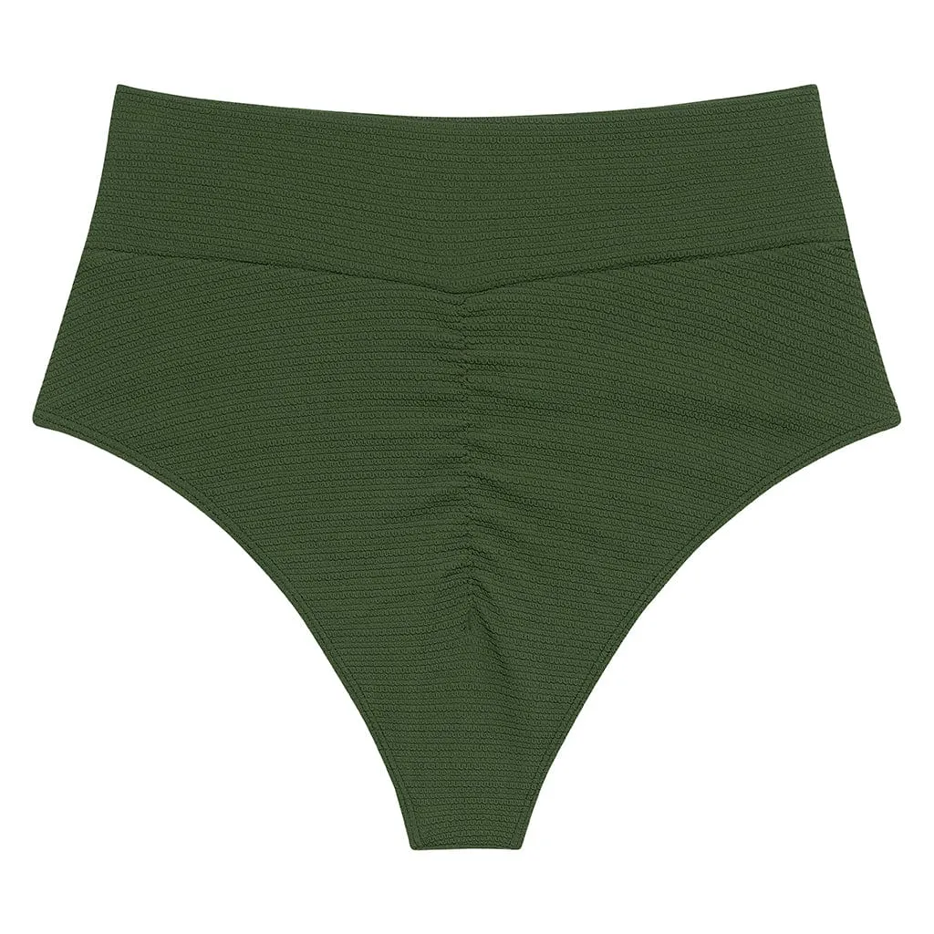 Olive Micro Scrunch Added Coverage High Rise Bikini Bottom