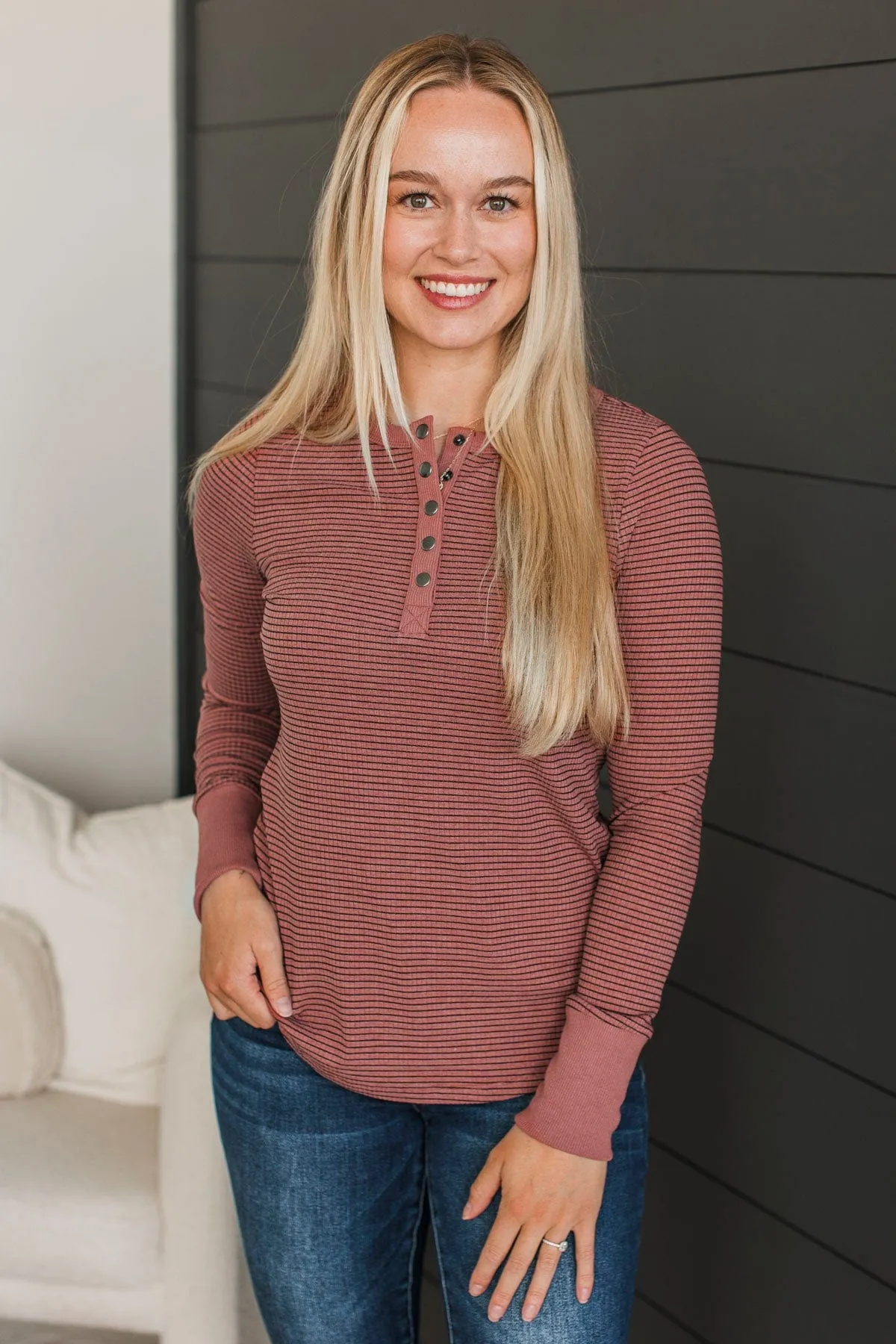 Put You First Striped Henley Top- Brick