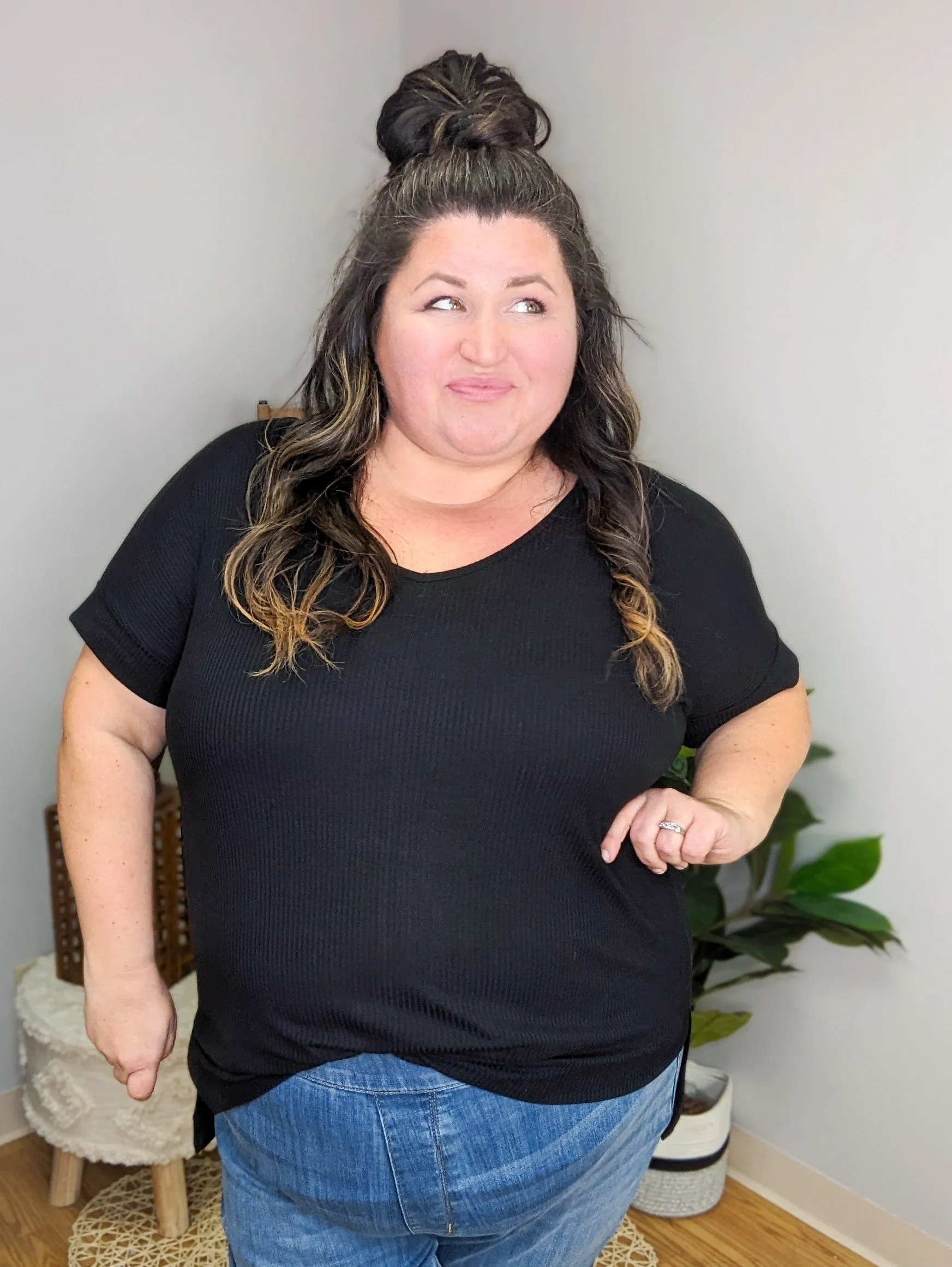 Rory Ribbed High Low Dolman Tee in Black